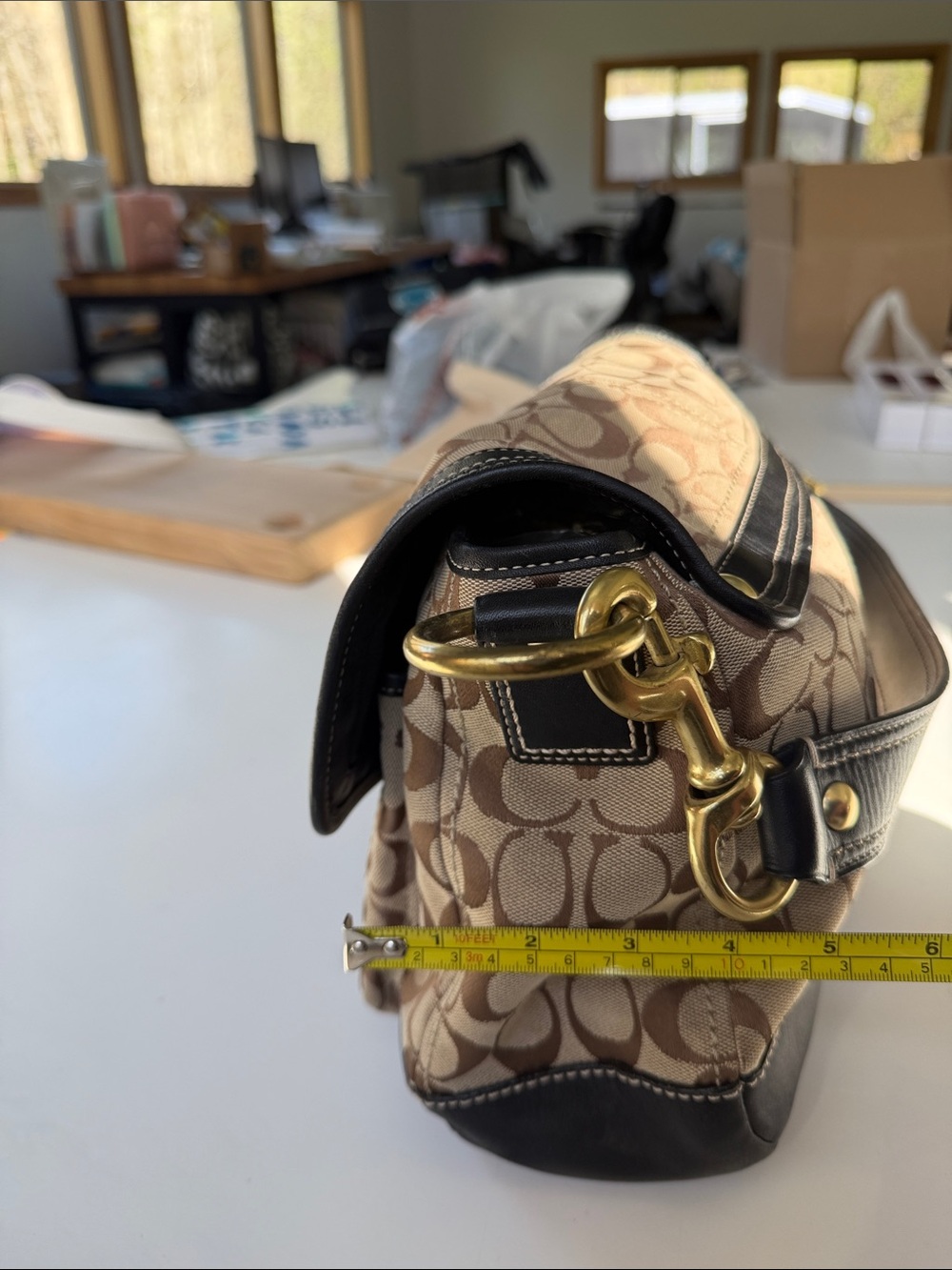 Coach Brown Signature Canvas Shoulder Bag with Black Trim - Picture 14 of 15